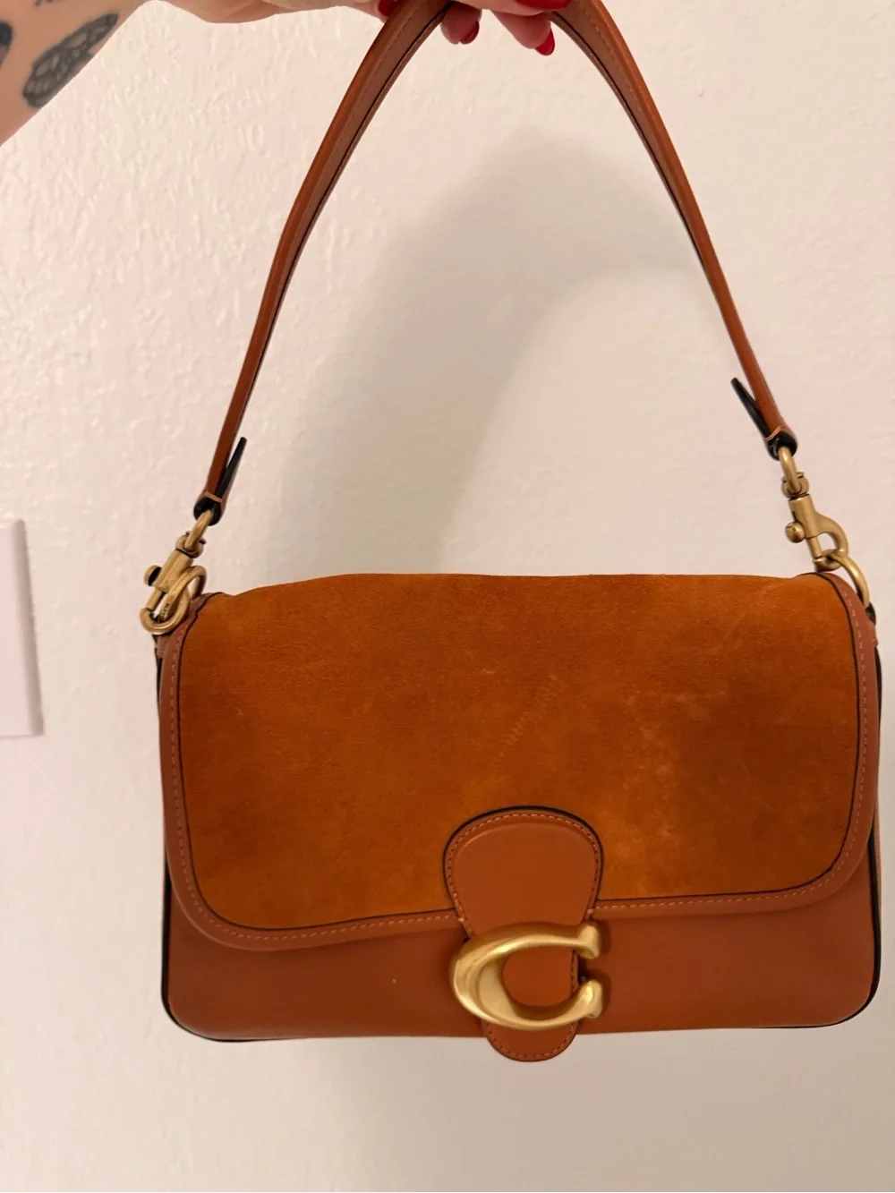 Coach Suede Shoulder Bag in Chestnut Brown with Gold Hardware